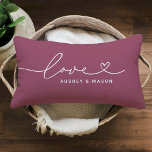 Love in Heart Script Rose Wine Custom Monogram Lumbar Pillow<br><div class="desc">Modern and stylish custom lumbar throw pillow design features a simple and minimal "Love" typography design that includes flourish and heart details. Personalize the uppercase text below with a monogram for a couple or family, a quote, or other preferred text. The rose wine red and white colors can be modified....</div>