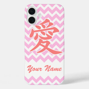 Love in Japanese with Pink Chevron Pattern iPhone 16 Plus Case