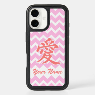 Love in Japanese with Pink Chevron Pattern iPhone 16 Case