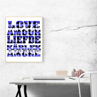 Love in Many Languages Blue Hearts Poster