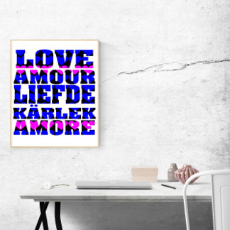 Love in Many Languages Blue Pink Hearts Poster