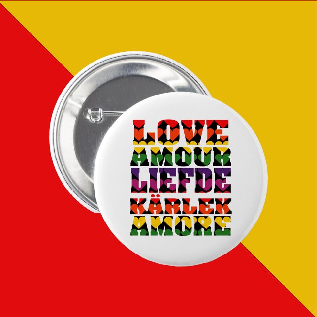 Love in Many Languages Dark Rainbow Hearts Button (A pin back button that says Love in English, French, Dutch, Swedish and Italian with rainbow hearts)