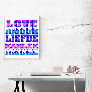 Love in Many Languages Pink Purple Blue Poster