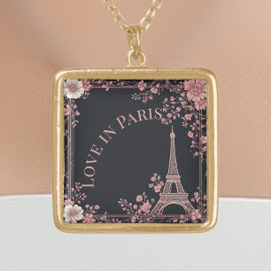 Love in Paris Eiffel Tower Traveler Blush Pink Art Gold Plated Necklace
