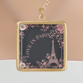 Love in Paris Eiffel Tower Traveler Blush Pink Art Gold Plated Necklace