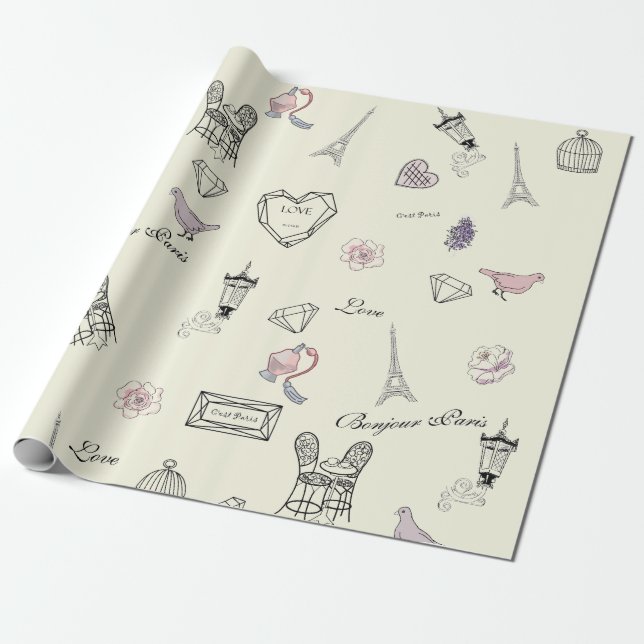 Love in Peris Bohemian Chic Floral Traveling Girl Wrapping Paper (Unrolled)