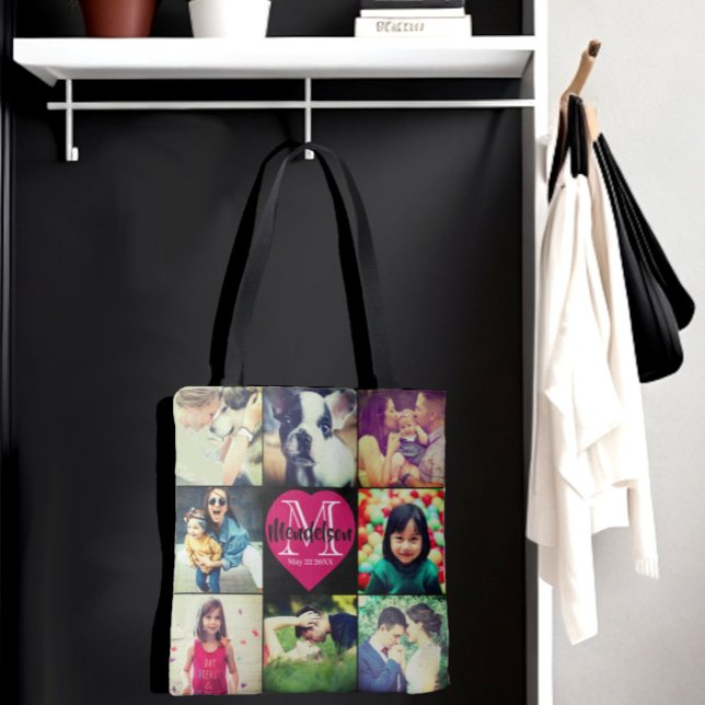 Love in photo Collage Unique Carry Tote Bag (Personalized photo and name initial heart monogram tote bag)