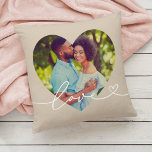 Love in Script Beige Custom Heart Shaped Photo Throw Pillow<br><div class="desc">Modern and stylish custom throw pillow design features a favorite photo in a big heart shape with a minimal white "Love" typography overlay design that includes flourish and heart details. The neutral gray beige background color can be modified. A unique gift idea for a newlywed couple or for your loved...</div>