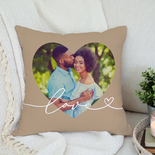 Love in Script Brown Custom Heart Shaped Photo Throw Pillow