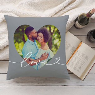Love in Script Gray Custom Heart Shaped Photo Throw Pillow