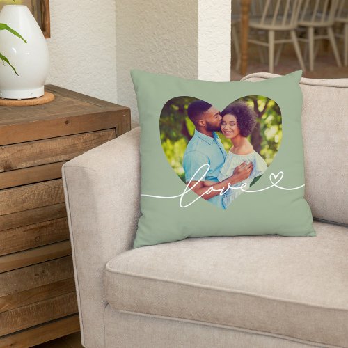 Love in Script Green Custom Heart Shaped Photo Throw Pillow