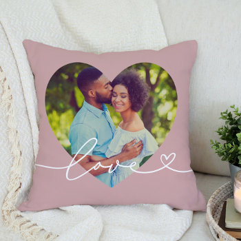Love In Script Rose Pink Custom Heart Shaped Photo Throw Pillow by Plush_Paper at Zazzle