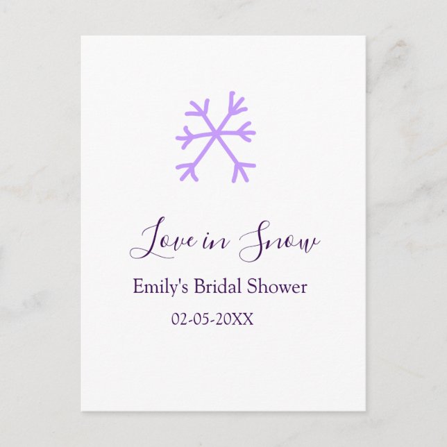 Love in Snow bridal shower purple snowflakes paste Postcard (Front)