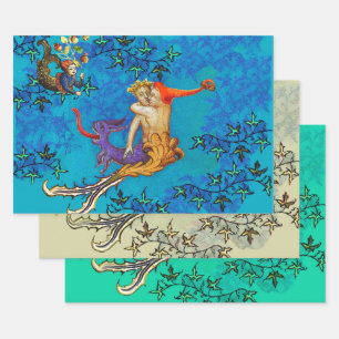 LOVE IN THE ABYSS Mermaid and Triton Valentine Day Wrapping Paper Sheets