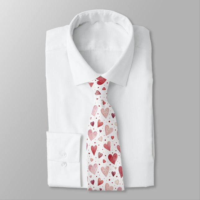 Love in Watercolor - Whimsical Heart Pattern Neck Tie (Tied)