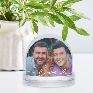 Love in White Script Heart Photo Snow Globe