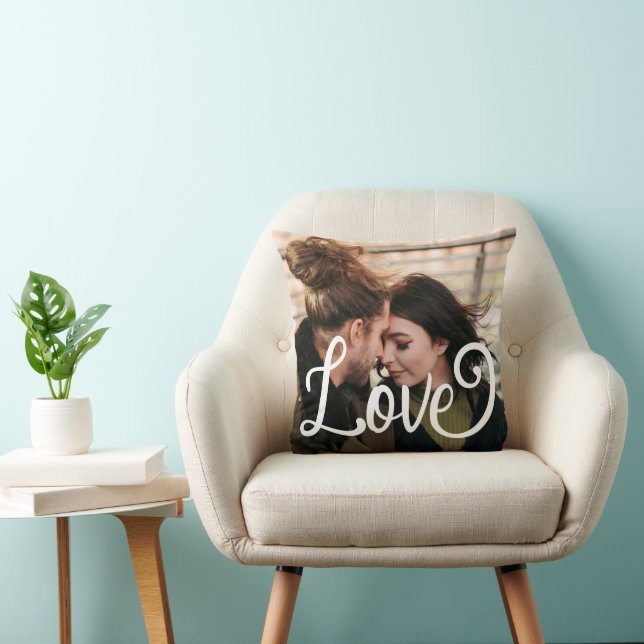Love In White Script Personalised Couple's Photo Throw Pillow (Chair)