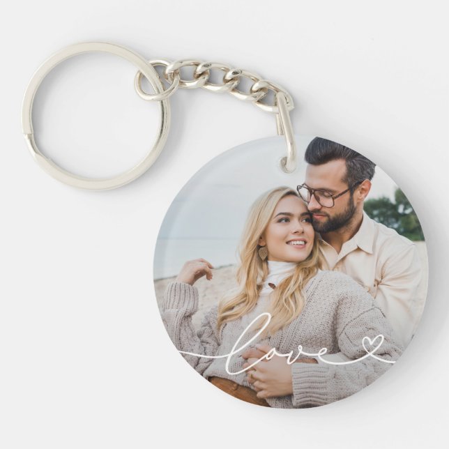 Love in White Script with Heart Custom Photo Keychain (Front)