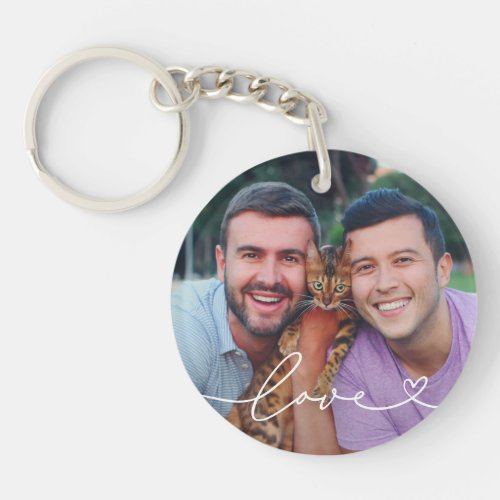 Love in White Script with Heart Custom Photo Keychain