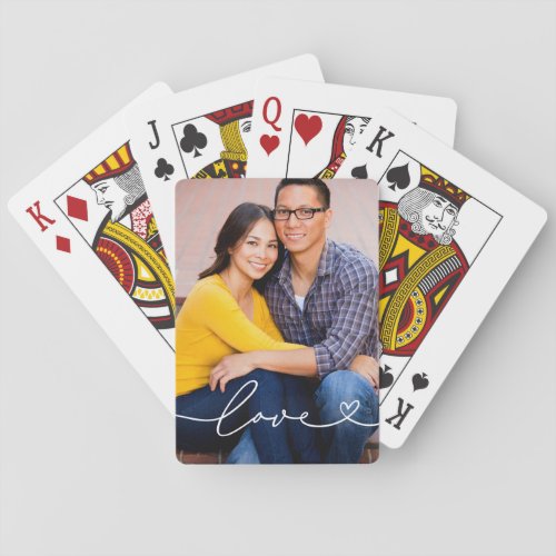 Love in White Script with Heart Custom Photo Playing Cards