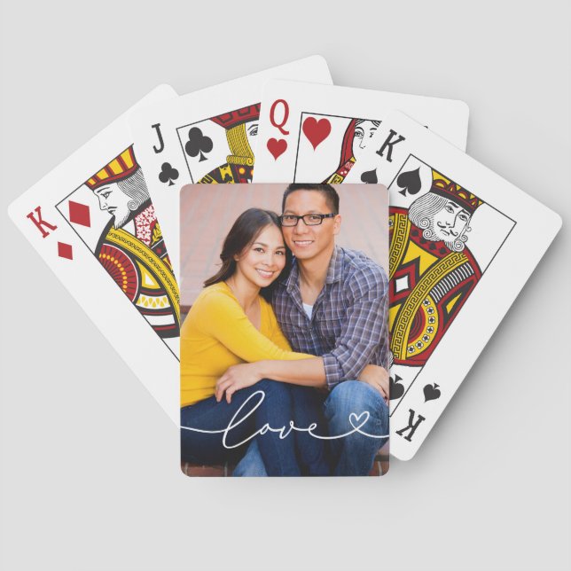 Love in White Script with Heart Custom Photo Poker Cards (Back)