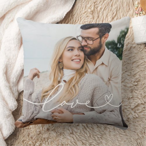 Love in White Script with Heart Custom Photo Throw Pillow