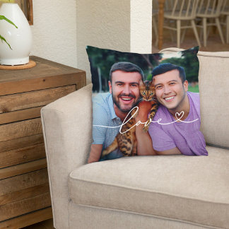 Love in White Script with Heart Custom Photo Throw Pillow