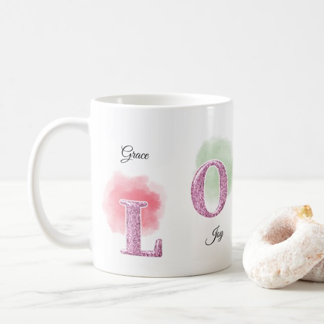 LOVE Initial Custom Name Watercolor Design Coffee Mug (With Donut)