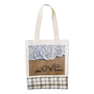 Love into the sand written zazzle HEART tote bag