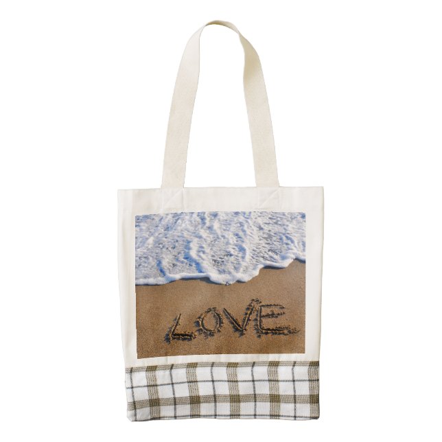 Love into the sand written zazzle HEART tote bag (Front)