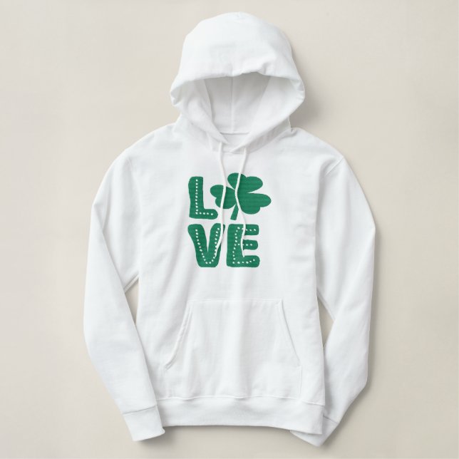 Love Irish Shamrock St Patricks Day Green Embroidered Hoodie (Design Front)