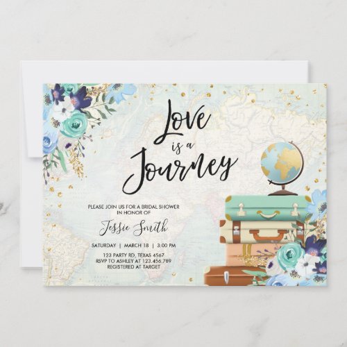 Love is a Journey Blue Floral Travel Bridal Shower Invitation