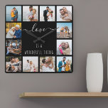 Love is a Wonderful Thing Quote 12 Photo Black Square Wall Clock<br><div class="desc">Photo clock with happy quote and 12 of your favorite pictures of family and friends. The photo template is set up for you to create your own grid style photo collage to frame the quote reads "love is a wonderful thing". The design is lettered in elegant handwritten script and skinny...</div>