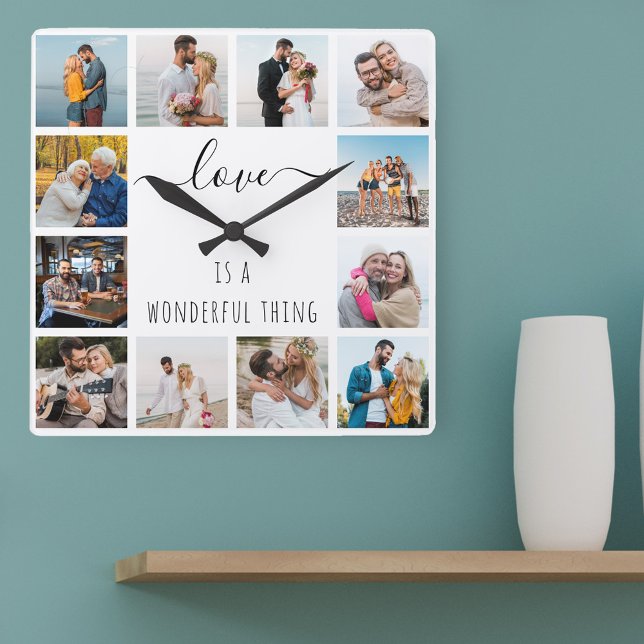 Love is a Wonderful Thing Quote 12 Photo White Square Wall Clock (Love is a wonderful thing and so is a custom made photo gift for family, newlyweds, anniversaries ..)