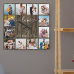 Love is a Wonderful Thing Quote 12 Photo Wood Square Wall Clock<br><div class="desc">Photo clock with happy quote and 12 of your favorite pictures of family and friends. The photo template is set up for you to create your own grid style photo collage to frame the quote reads "love is a wonderful thing". The design is lettered in elegant handwritten script and skinny...</div>