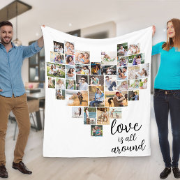 Love is all Around Heart Shape 36 Photo Collage Fleece Blanket