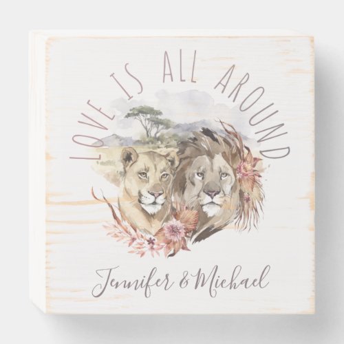 Love is All Around Lions with Names Wooden Box Sign