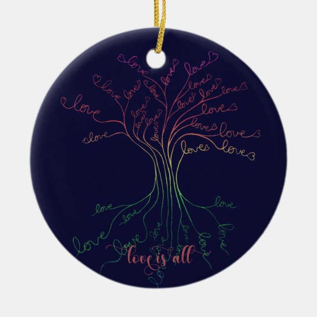 Love is All Tree of Life Navy Rainbow Valentine's Ceramic Ornament (Front)