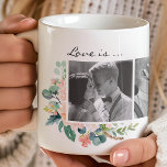 Love Is All You Need Floral Couples Photo Collage Coffee Mug<br><div class="desc">Love Is All You Need Floral Couples Photo Collage Coffee Mug. This cute design features beautiful watercolor pink and sage peony flowers. Personalize this custom design by adding 3 photos of your own and your own custom quote.</div>