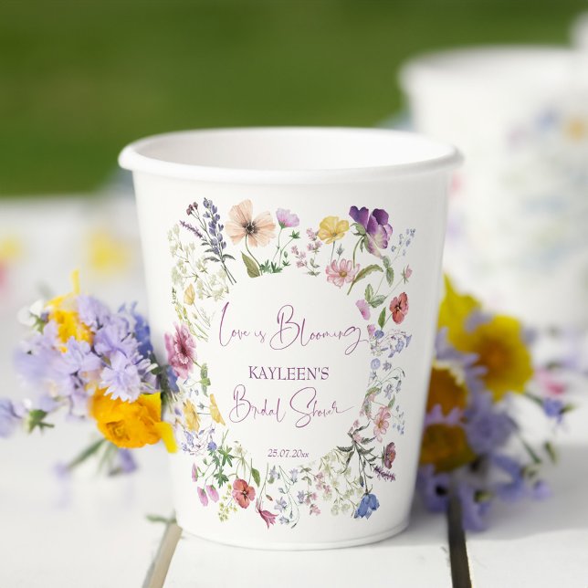 Love is blooming boho wildflower bridal shower paper cups (Love is blooming boho wildflowers bridal shower monogram printed paper cups personalized table decor)