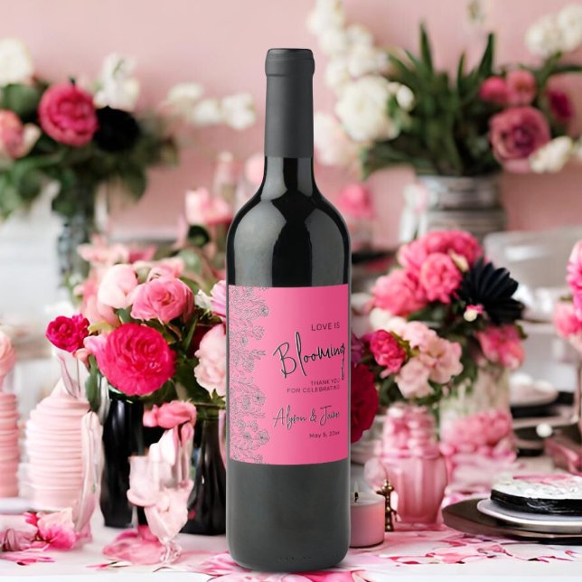 Love is blooming bright pink & black floral shower wine label (Creator Uploaded)