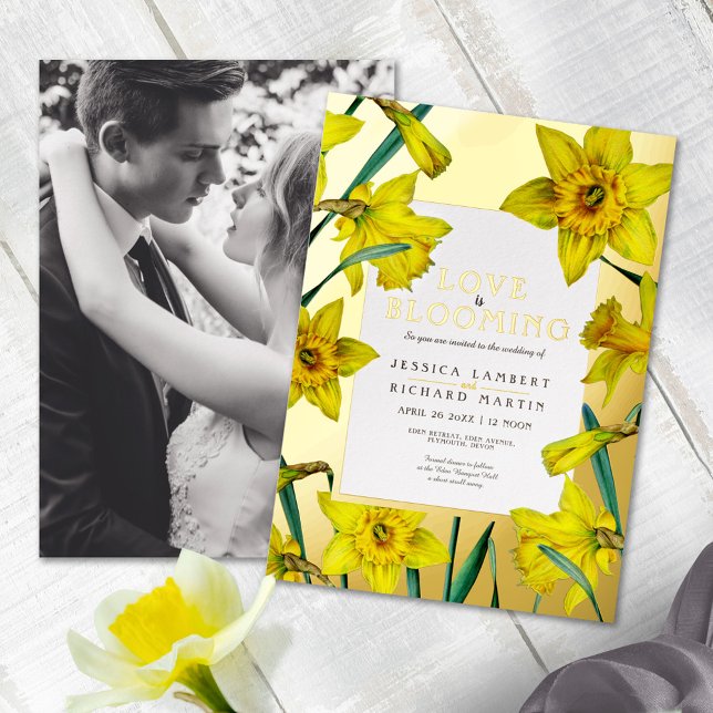Love is blooming gold yellow daffodils wedding foil invitation (Creator Uploaded)
