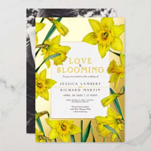 Love is blooming gold yellow daffodils wedding foil invitation