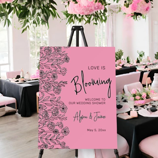 Love is blooming pink black bridal shower welcome foam board (Creator Uploaded)