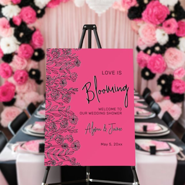 Love is blooming pink black bridal shower welcome foam board (Creator Uploaded)