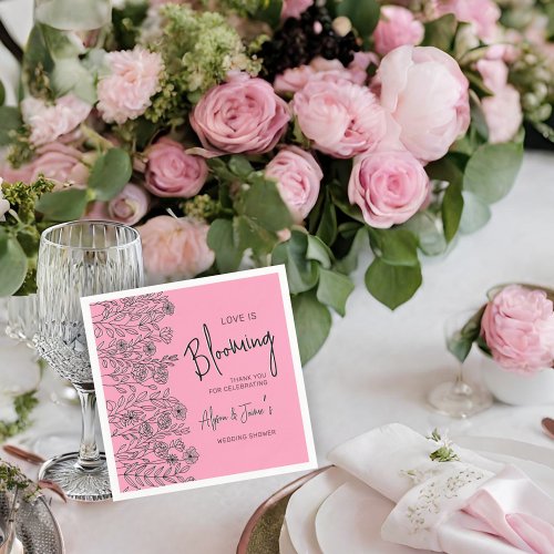 Love is blooming pink  black floral bridal shower napkins