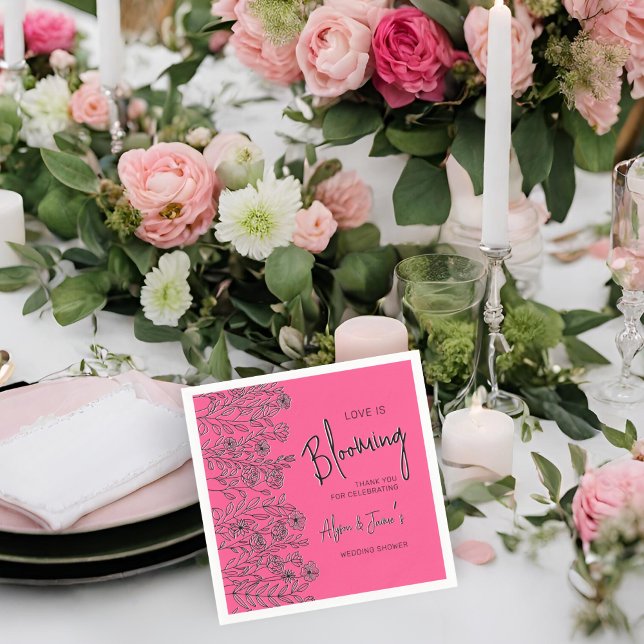 Love is blooming pink & black floral bridal shower napkins (Creator Uploaded)