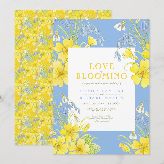 Love is blooming spring flower blue wedding invitation (Front/Back)