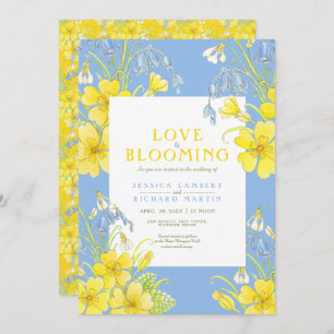 Love is blooming spring flower blue wedding invitation