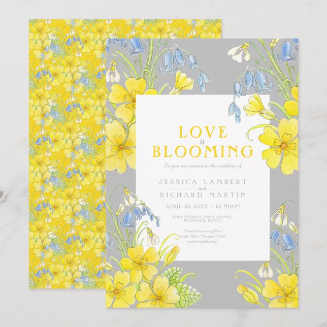 Love is blooming spring flower yellow gray wedding invitation (Front/Back)